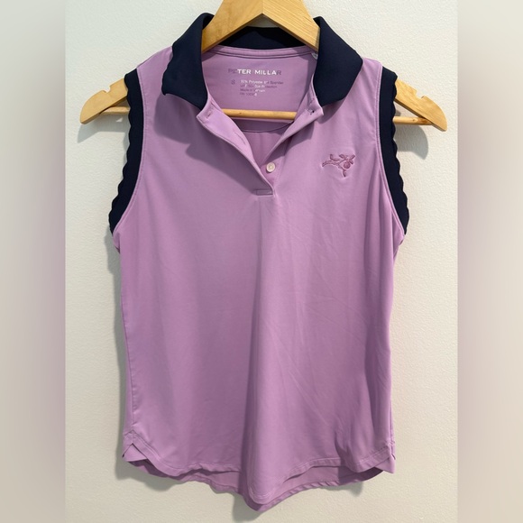 PETER MILLAR Stretch Sleeveless Jersey Polo Shirt Purple Navy Golf Tennis - Picture 1 of 9